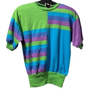 VTG 80's Color Block Bright Short Sleeve Sweatshirt Caron Chicago USA Made Small
